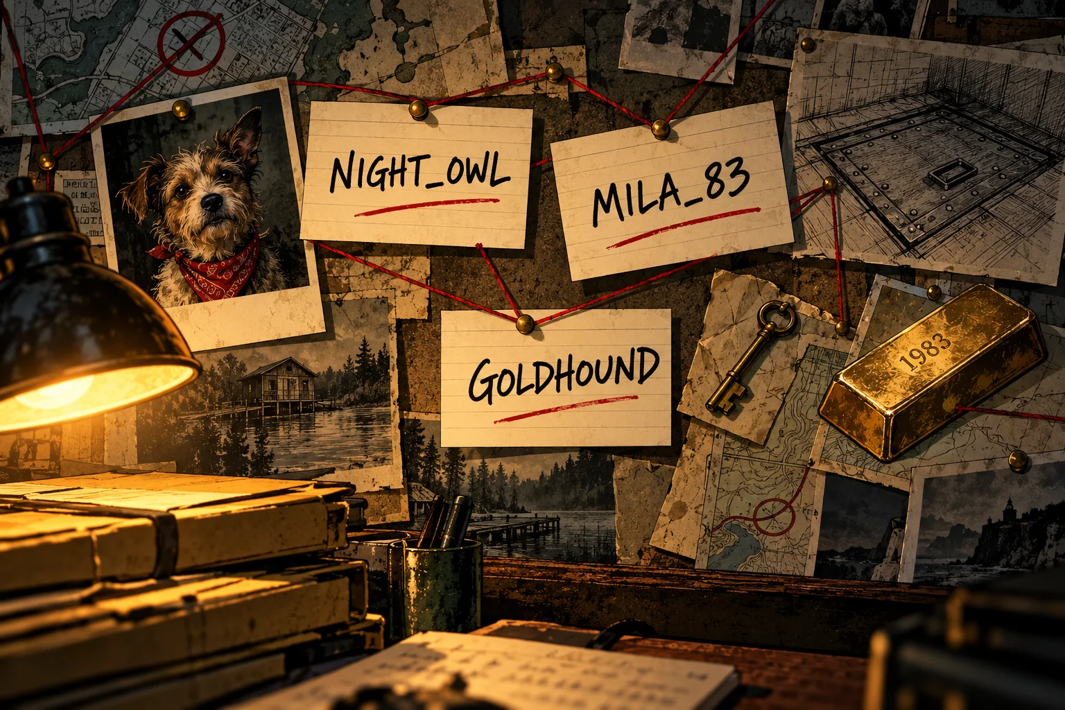 Illustrative evidence board with fictional aliases